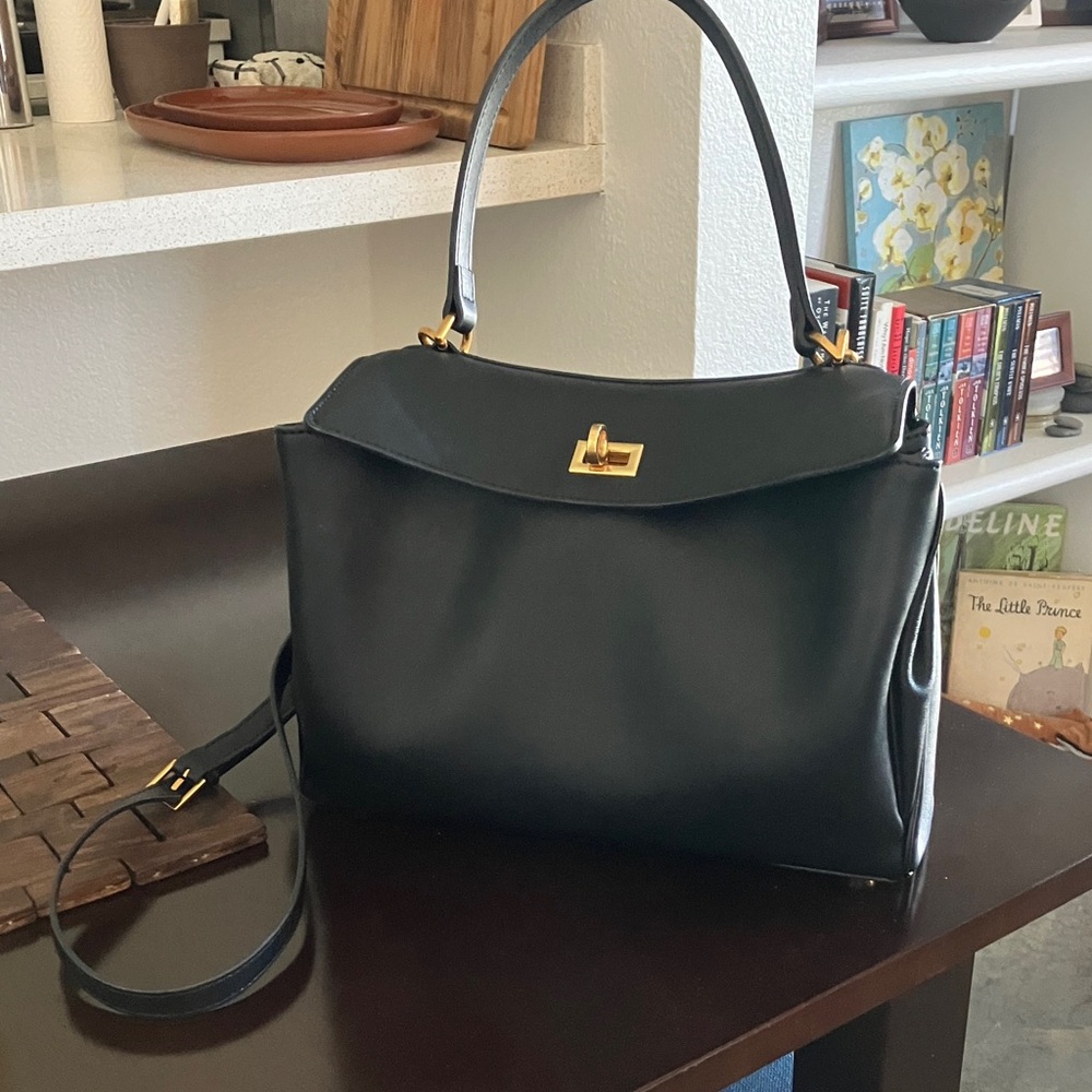 Top handle turn lock leather satchel